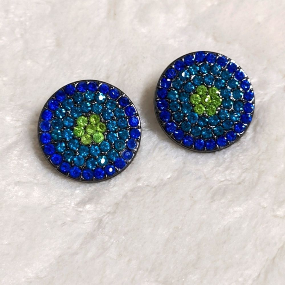 Vintage Sparkly Blue & Green Rhinestone Button Pierced Earrings - Picture 5 of 7